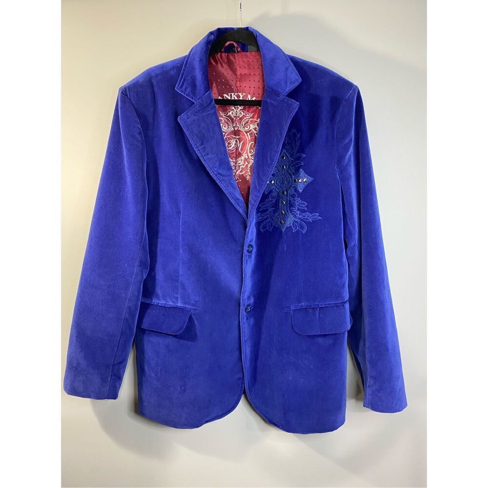 Large, Franky Max unique, unisex blue velour, cross embroidered blazer/jacket.
